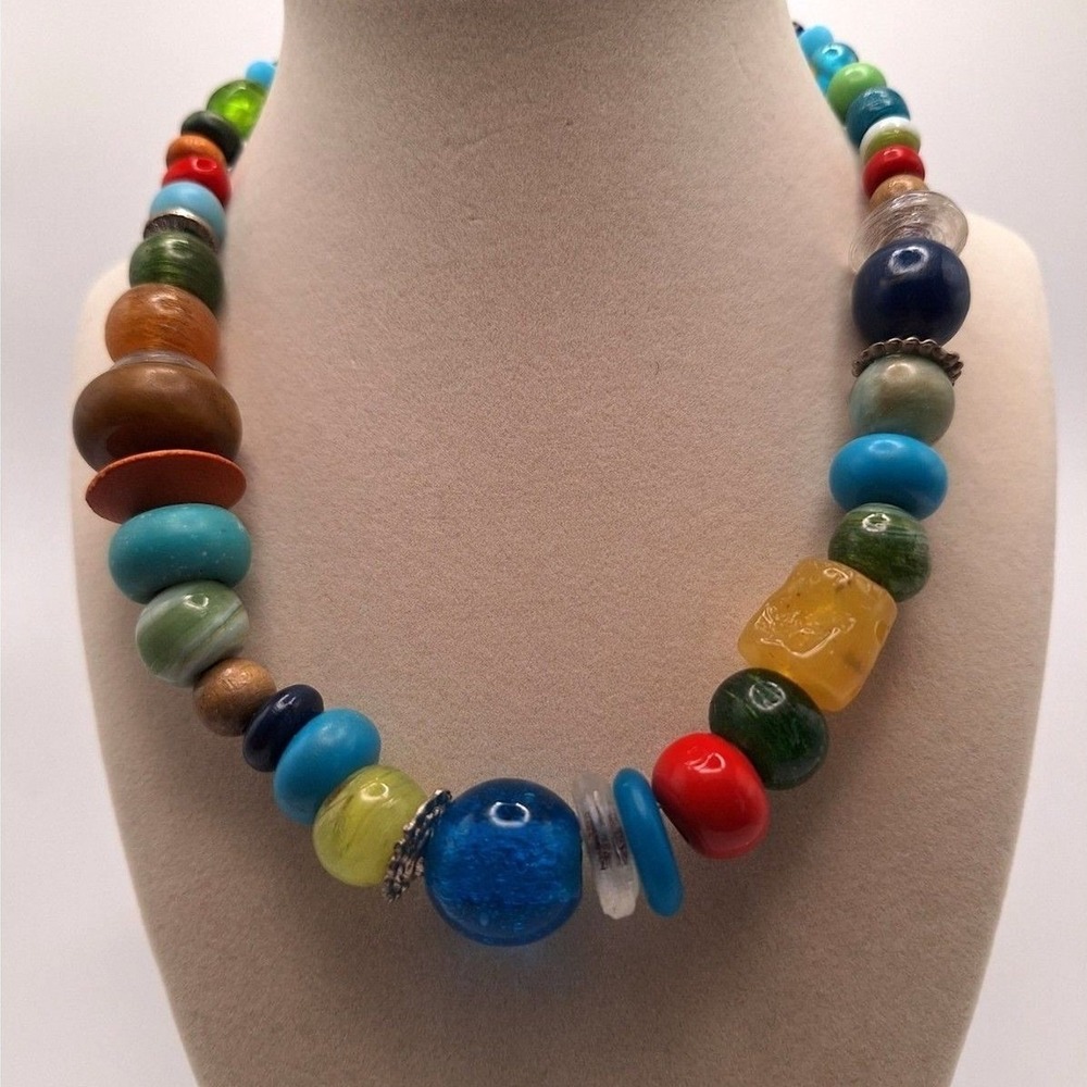 Vintage beaded necklace blue center bead jewel tones natural stones wood acrylic